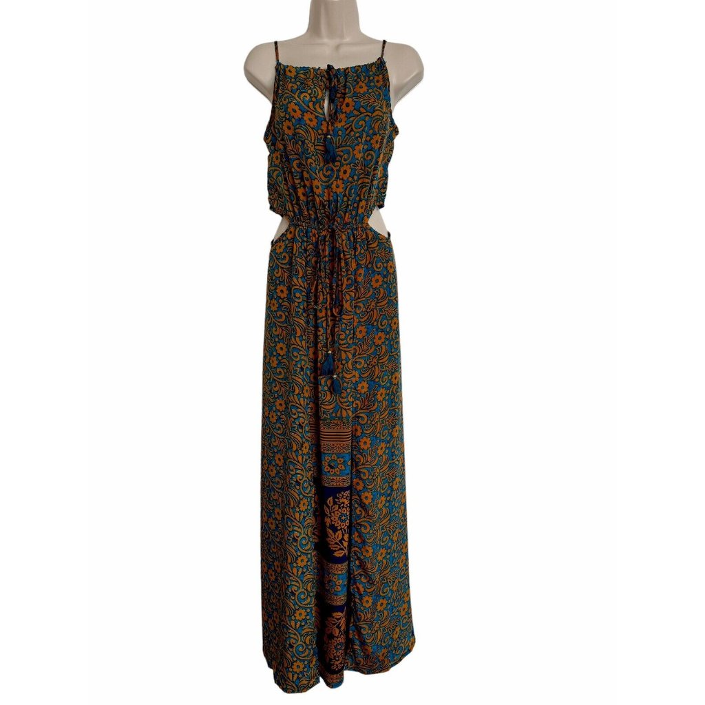Raga Sleeveless Tie Neck Maxi Print Dress Side Cut Outs Elastic Waist Size Small